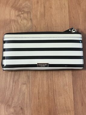Kate Spade Black and White Patent Striped Zip Wallet